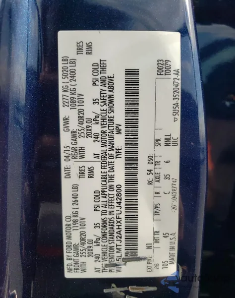 2015 Lincoln Mkc from USA, damaged, VIN 5LMTJ2AHXFUJ42800